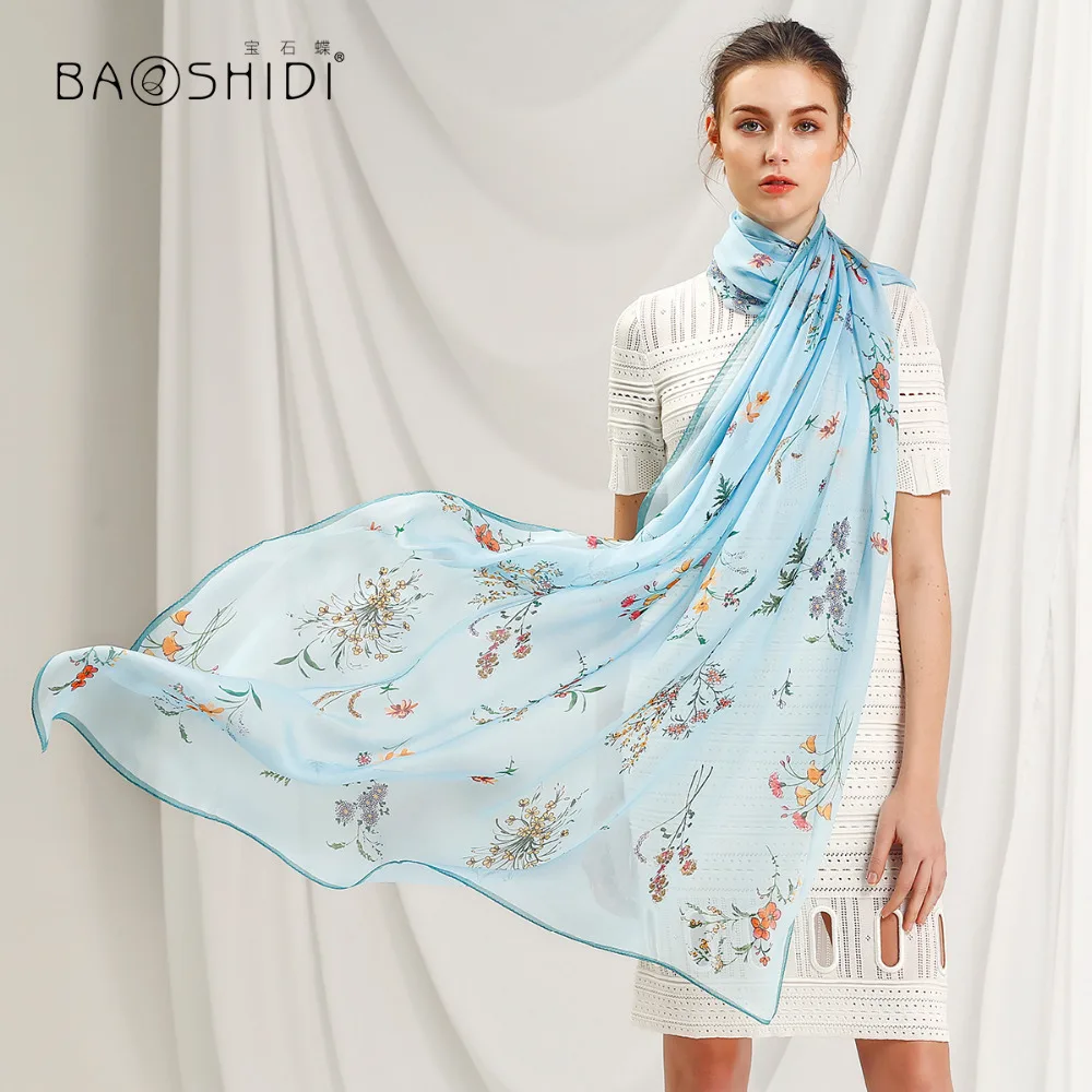 Женский шарф BAOSHIDI из 100% шелка модные длинные шелковые шарфы шифона большой