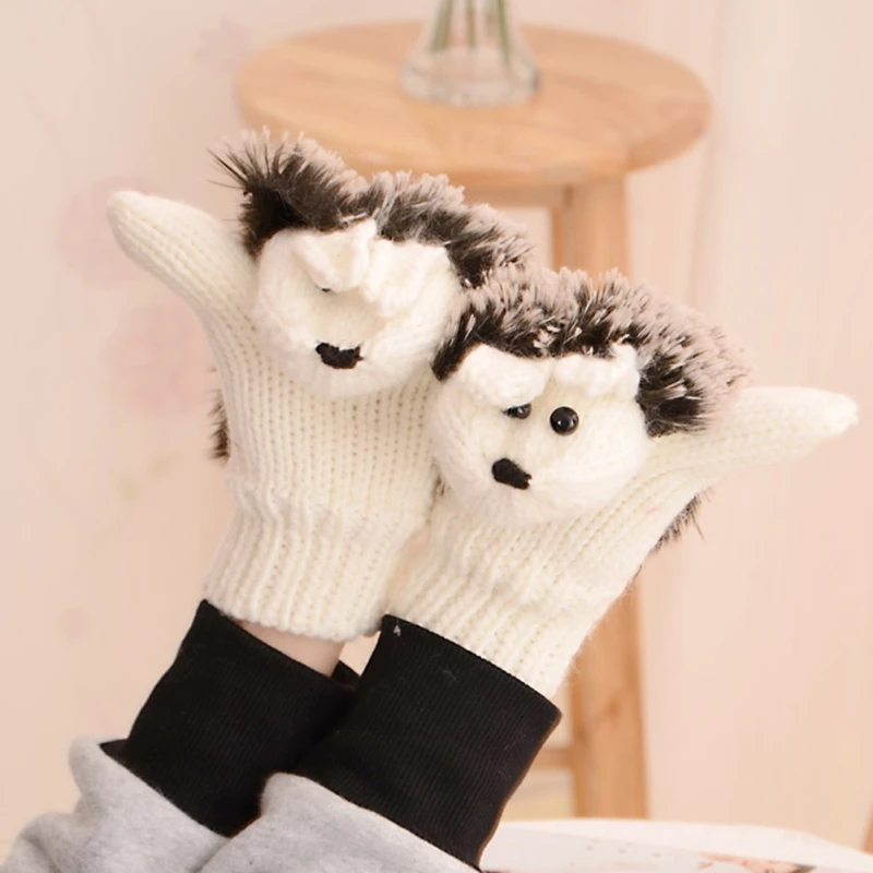 

New 8 Colors Girls Novelty Cartoon Winter Gloves for Women Knit Warm Fitness Gloves Hedgehog Heated Villus Wrist Mittens