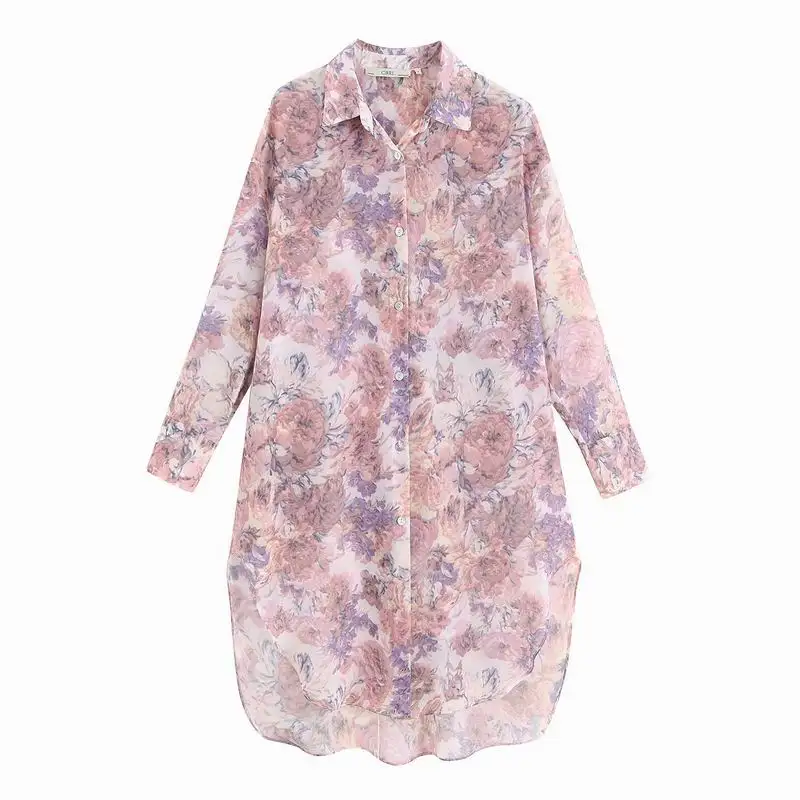 Солнцезащитная рубашка Лето 2019 Новая мода цветочные принты прозрачный шифон