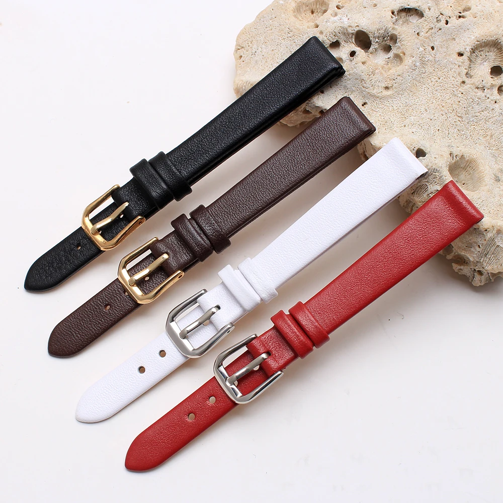 

Ремешок из натуральной кожи для женских часов, ультратонкий черный браслет 6 мм 8 мм 10 мм 12 мм, маленький размер