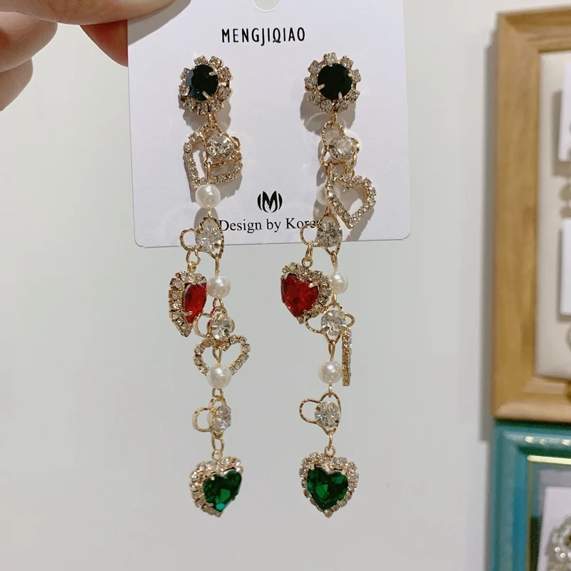 Bling-5 MENGJIQIAO корейские новые шикарные хрустальные серьги в форме сердца с длинной кисточкой для женщин элегантные жемчужные подвески ювелирные изделия - Окраска металла: Bling-5
