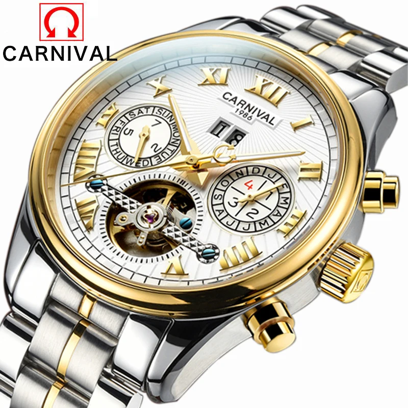 

Luxury Carnival tourbillon watch men silver stainless steel waterproof watches Automatic machine date wristwatch relogio NEW