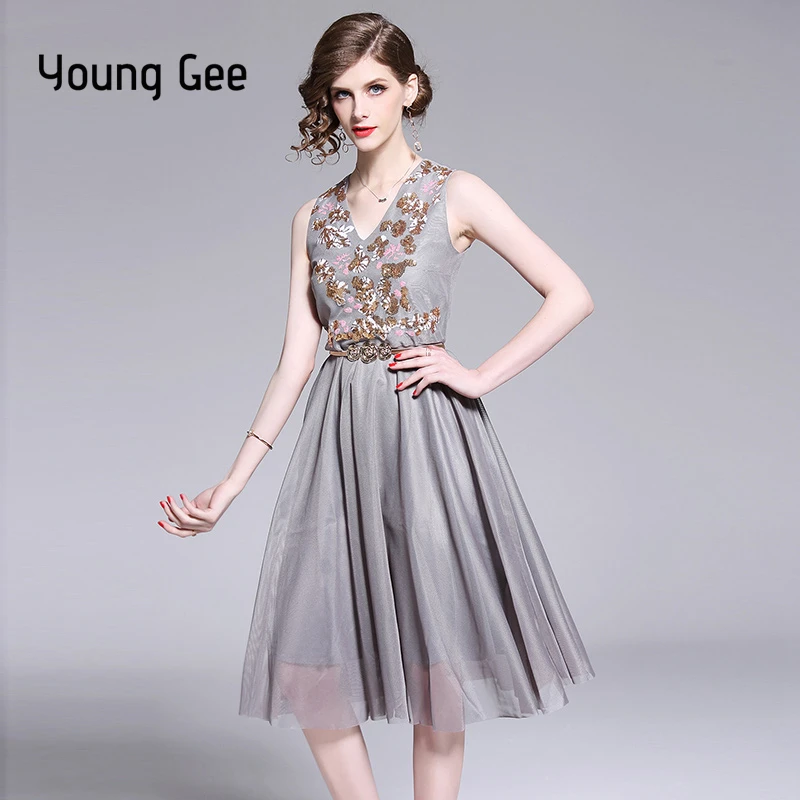 Young Gee Vestidos кружевное платье с вышивкой элегантное серое черное женское тонкое