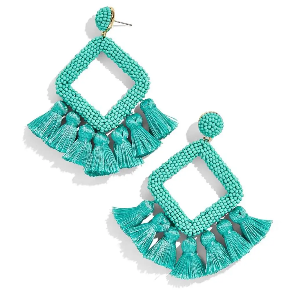 Серьги с бахромой в этническом стиле Girlgo Boho, большие кисточки,, ручная работа, большие бусины, массивные серьги, вечерние Висячие висячие серьги, подарок - Окраска металла: Green