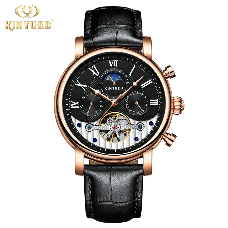 KINYUED Automat часы розовое золото кожа водонепроницаемый луна наручные Tourbillon
