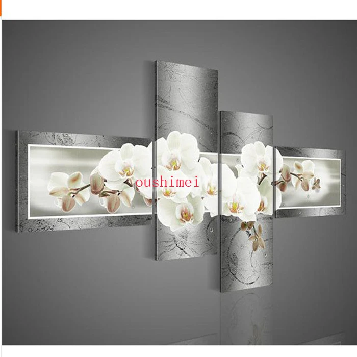 Handpainted 4PCS Wall Art Grey Painting Modern Handmade Abstract Acrylic Flower Orchid Gray Oil Painting On Canvas Home Decor