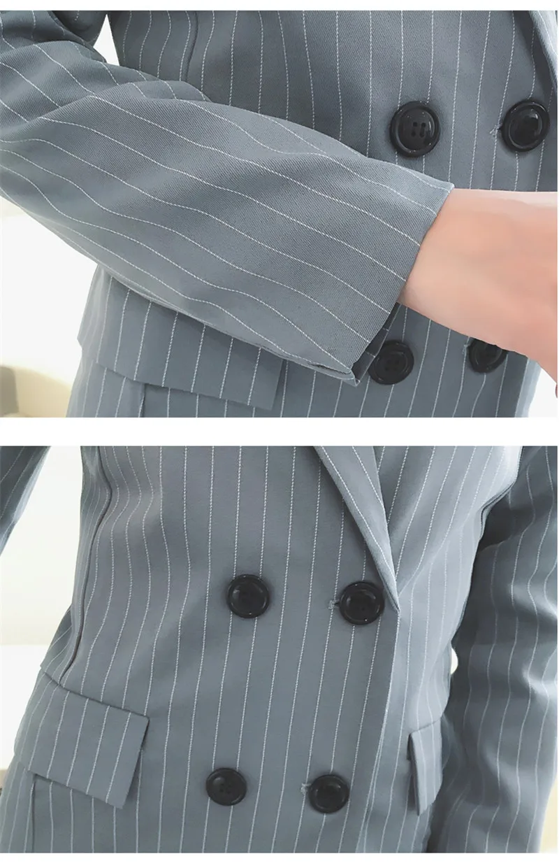 Work Fashion Pant Suits 2 Piece Set for Women Double Breasted Striped Blazer Jacket &amp Trouser Office Lady Suit Feminino 2018 | Женская