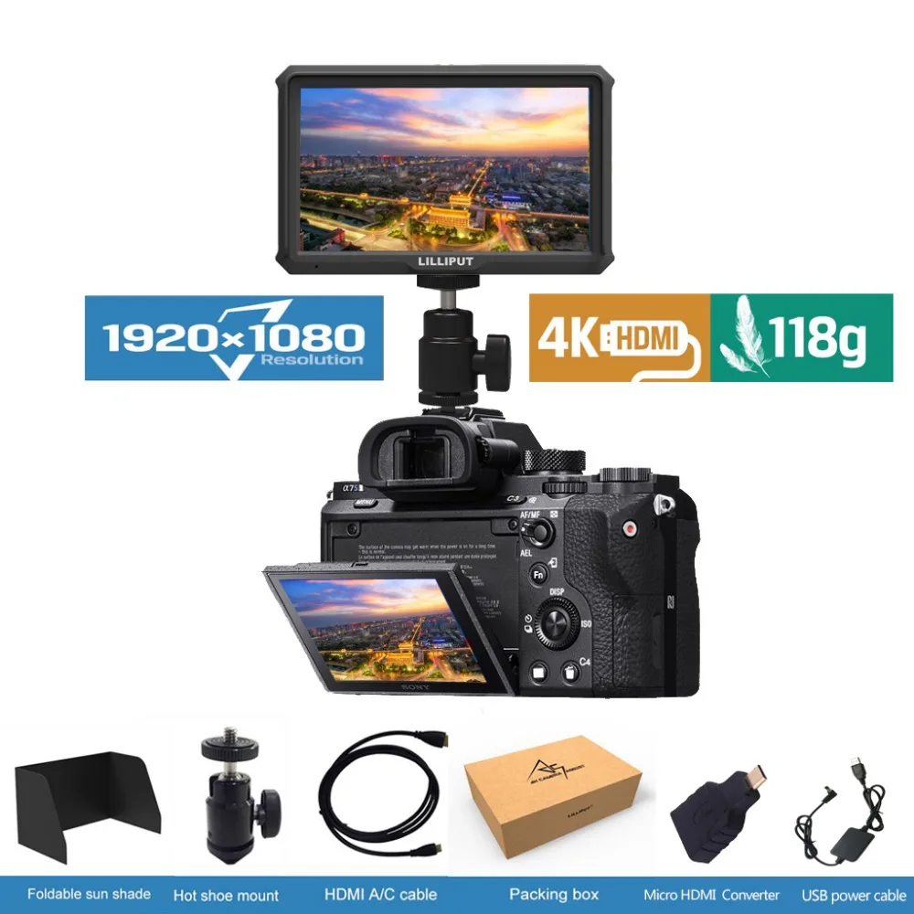 Lilliput A5 5 1920x1200 IPS HD LCD Peaking Camera Video Monitor Display 4K HDMI Input Loop-out for Canon Nikon DSLR BMPCC 5DIV on - Монитор видео Lilliput A5 5 1920x1200 IPS HD LCD с поддержкой Peaking и входом HDMI 4K, с выходом Loop-out, для камер Canon