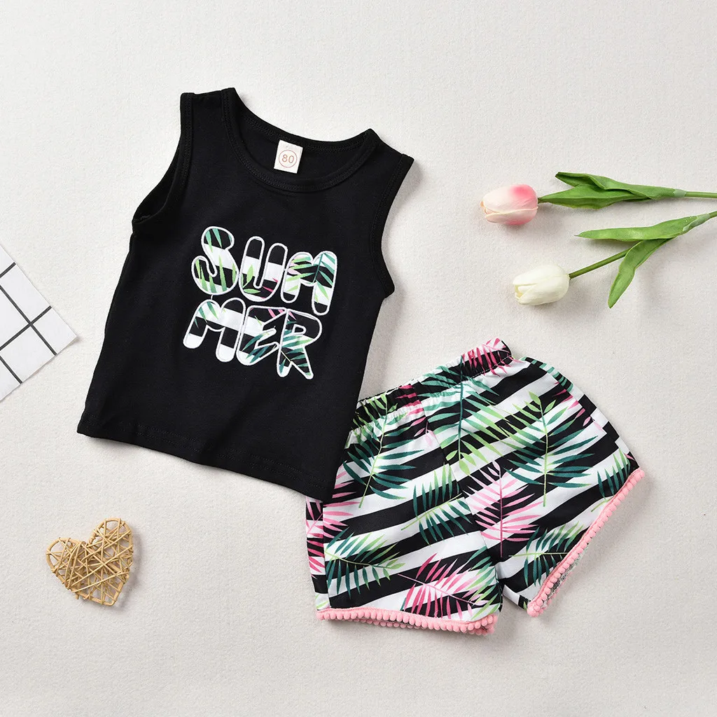 Toddler Baby Girl Kid Floral O-Neck Sleeveless Letter Printed Vest Tops+Striped Flora Print Shorts Outfits Set meisje kleding | Детская