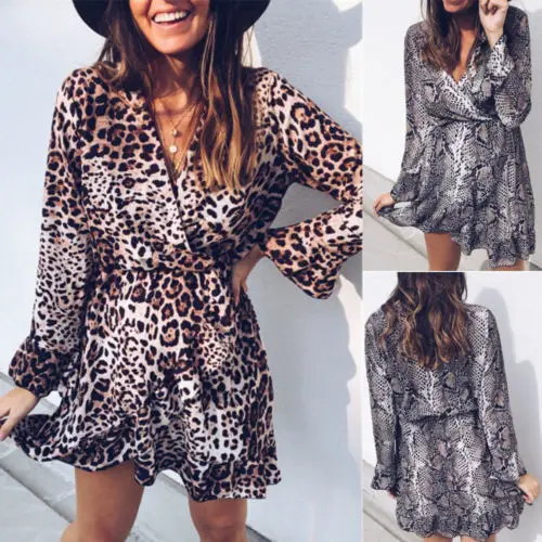 Fashion Women Leopard Snakeskin Dress Evening Party Beach Club Wear Lady Mini Printed Loose Clothing | Женская одежда