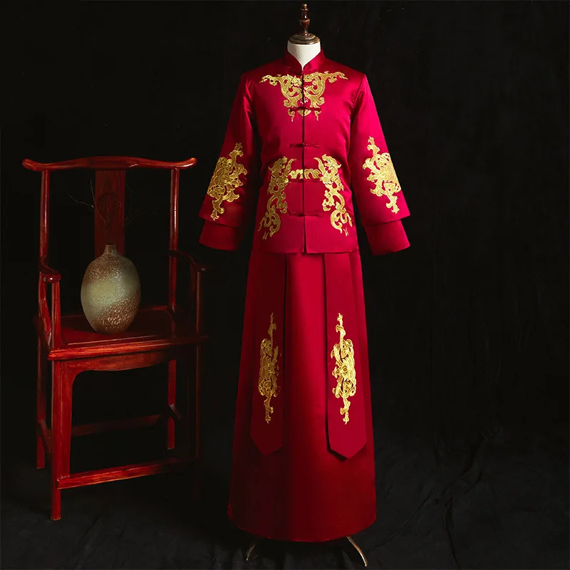 Жених Винтаж Свободные Cheongsam Традиционный китайский свадебное платье красный сатиновое платье-Ципао Вышивка Дракон костюм Vestido Oriental мужские - Цвет: RED DRESS