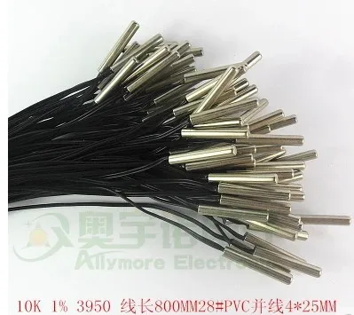 Термометр NTC 50 шт./лот, корпус 4*25 мм, 10K 1% 3950 28 #, двойной провод из ПВХ, длина 800 мм, датчик температуры Термометр NTC 50 шт./лот, корпус 4*25 мм, 10K 1% 3950 28 #, двойной провод из ПВХ, длина 800 мм, датчик температуры