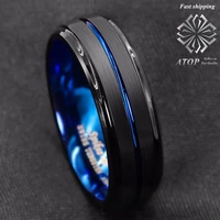8mm black brushed ladder edge tungsten ring blue stripe atop mens wedding band customized jewelry