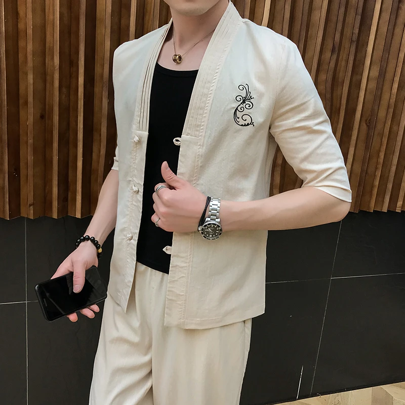 Мужские комплекты весна лето 2019 рубашки с вышивкой в китайском стиле + штаны из 2