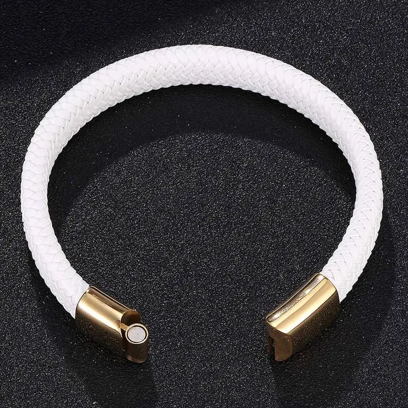 Мужской кожаный браслет BB0227 белый с магнитной застежкой Golg ювелирное изделие