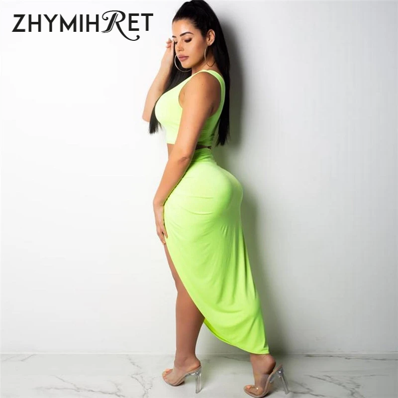 Женский комплект из 2 предметов ZHYMIHRET неоновый цвет топ на одно плечо платье с