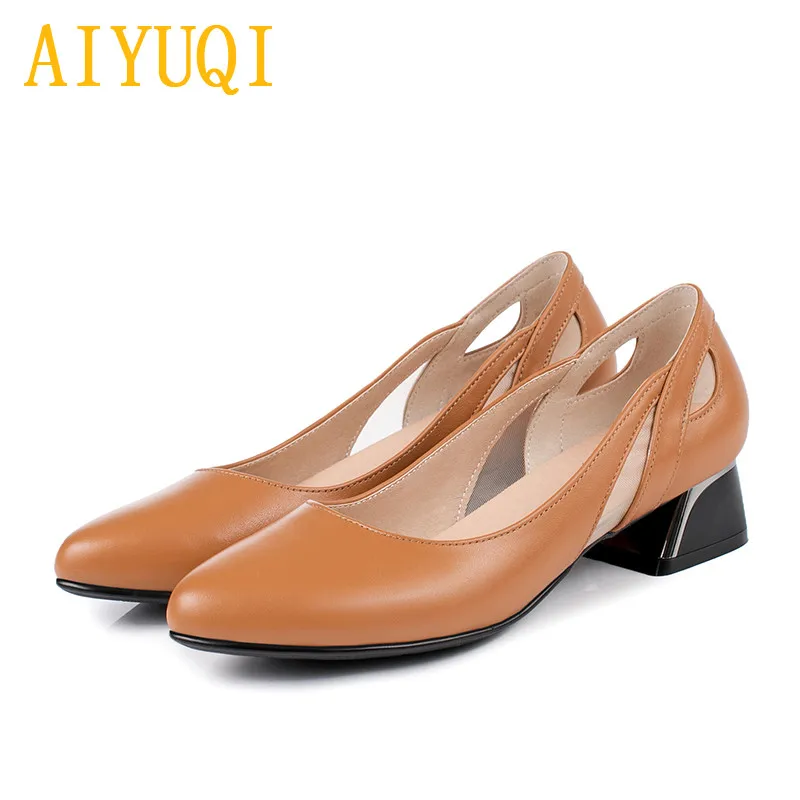 beige Microfiber AIYUQI/женская модная обувь; Новинка года; сезон весна; женская обувь из натуральной кожи; удобная офисная обувь на полой подошве; женские модельные туфли - Цвет: beige Microfiber