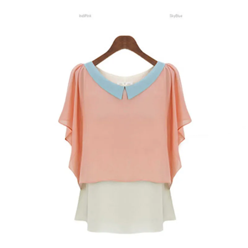 women's wear new style loose color crash doll collar turn-down patchwork chiffon sleeves shirt. |