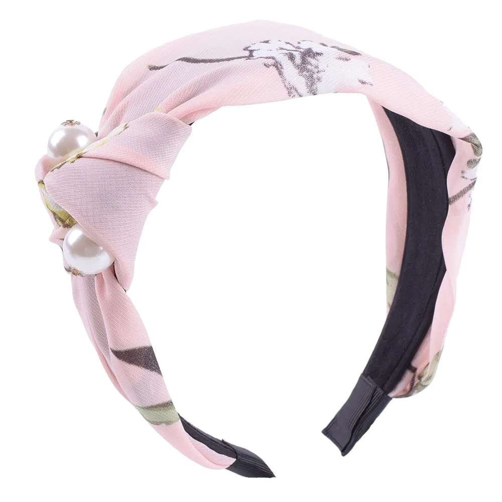 Женская перекрещенная тюрбанная повязка с принтом, эластичные ободки для волос, широкие тканевые повязки, декорированные имитацией жемчуга, летняя головная повязка, узловая головная убор для женщин и девочек.