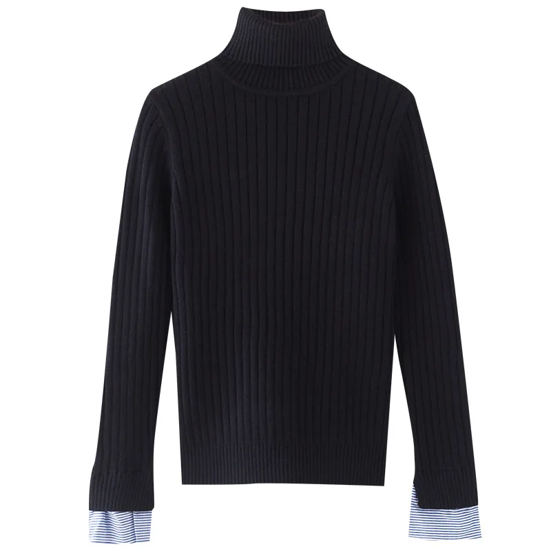 Women Turtleneck Sweater Fall Winter Knitted Jumper With Shirt Cuffs Black | Женская одежда