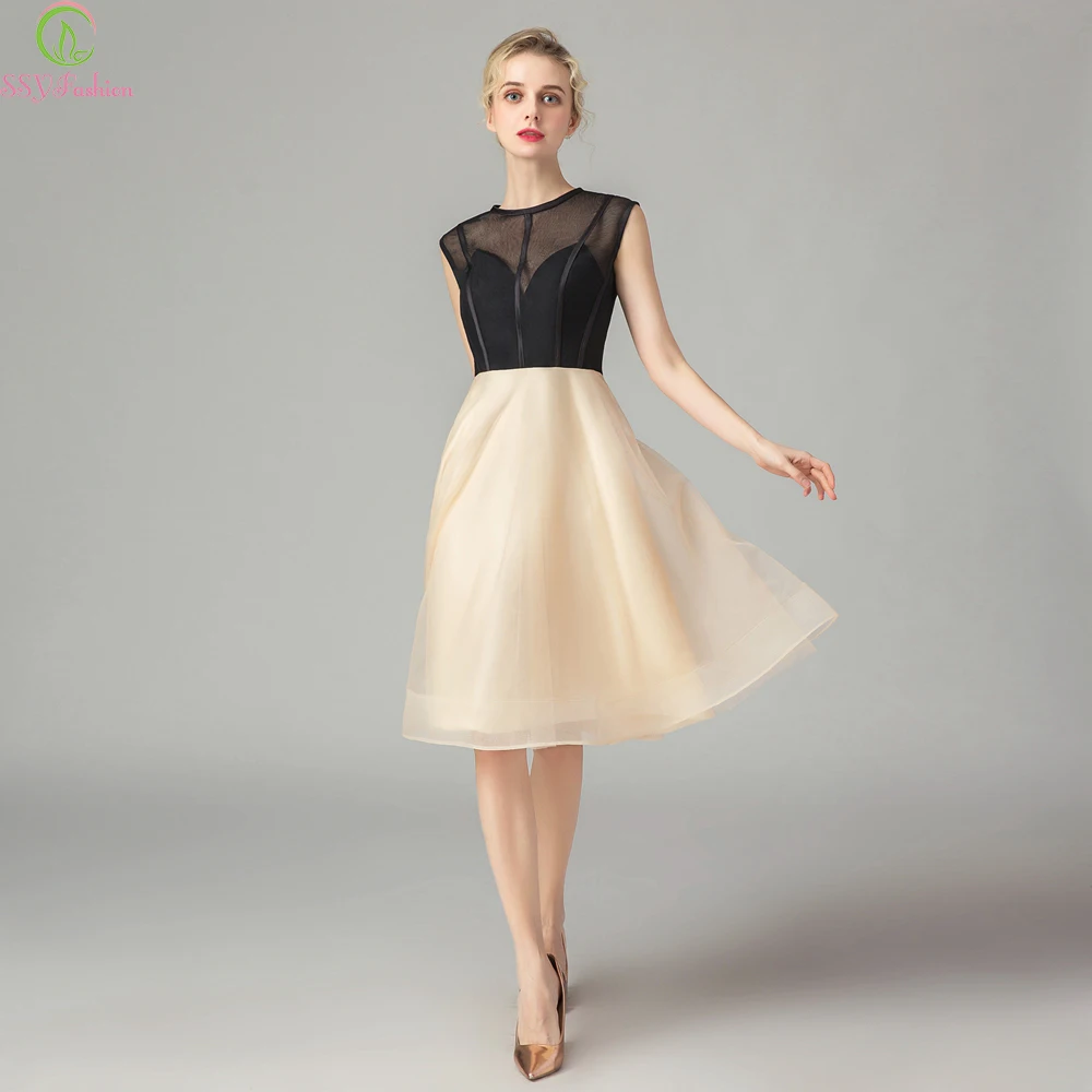Коктейльные платья SSYFashion черные с бежевым контраст цвета а силуэта длиной до