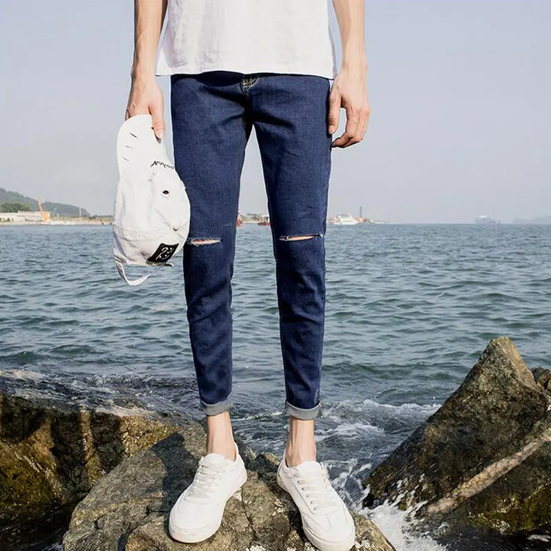 Модные летние рваные джинсы брюки для мужчин Slim Fit Skinny Stretch черные мужские узкие с