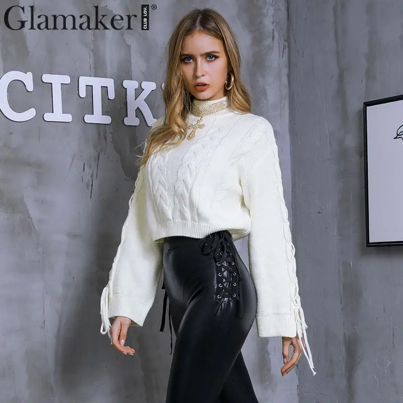 Женский трикотажный свитер Glamaker белый с рукавами фонариками и высоким воротом на