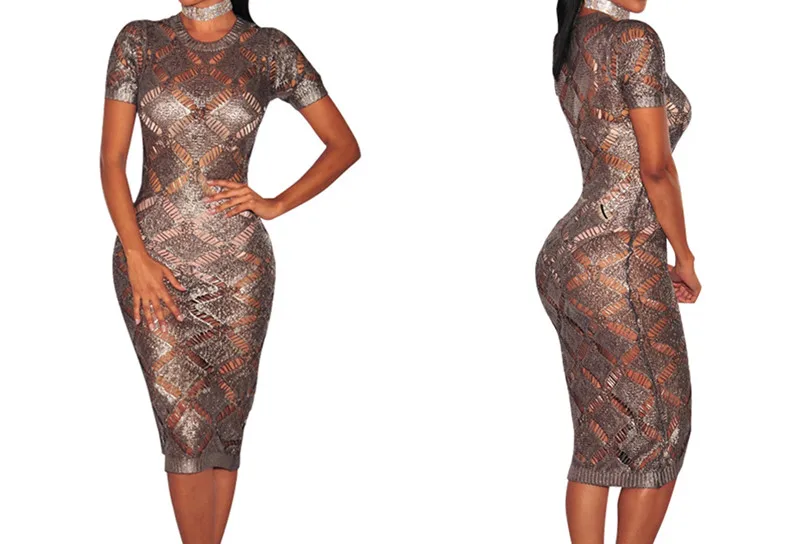 Hot Sexy Perspective Nightclub Dress Summer Knitting Hollow Out Women Gold Rose Gray O-Neck Short Sleeve Pencil Dres | Женская одежда