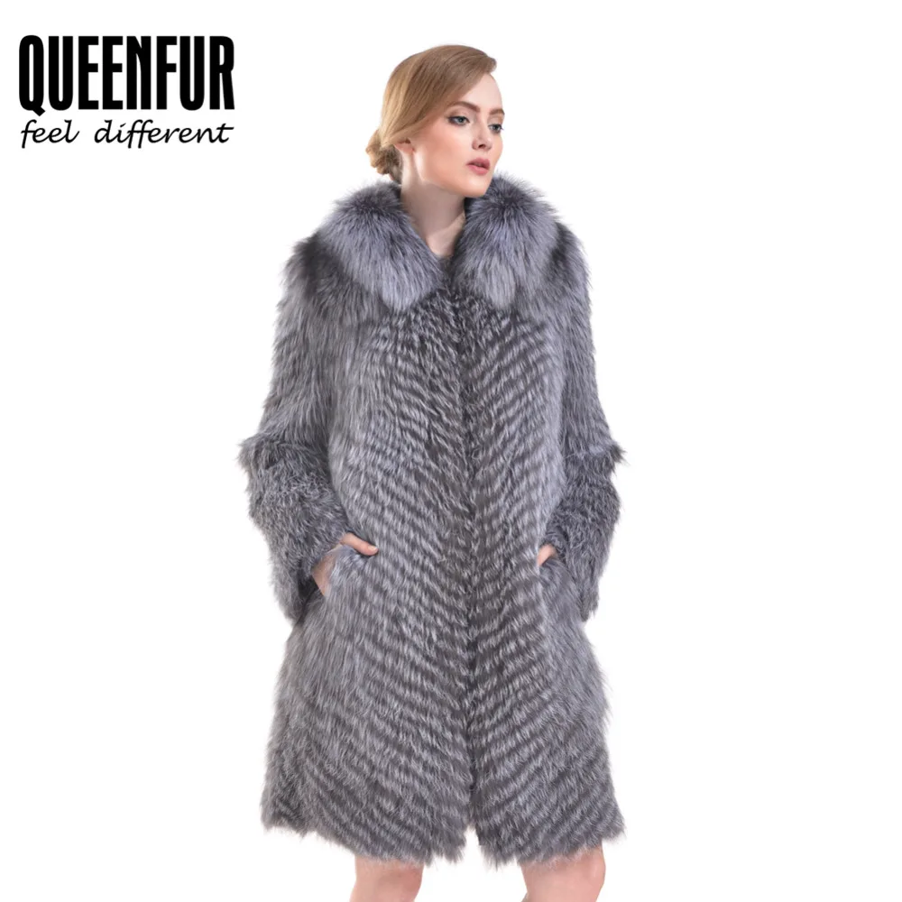 QUEENFUR моды в реальном чернобурки меховой пальто из натуральной шерсти Fox Для