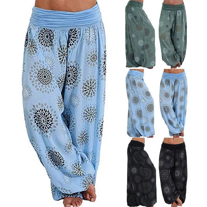 NIBESSER Summer Beach Bohemian Pants Women High Waist Pants Plus Size Vintage Loose Print Bloomers Floral Trousers Women