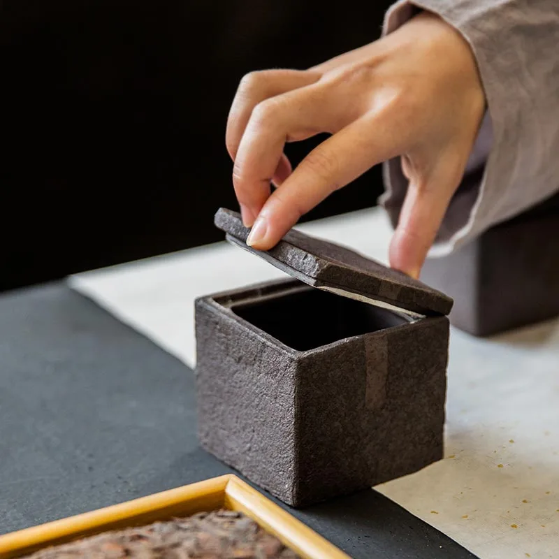 Vintage Coarse Pottery Square Tea Caddy Black Zen Japanese Style Set Accessories Ceramic Sealed Storage Jars Decor | Дом и сад