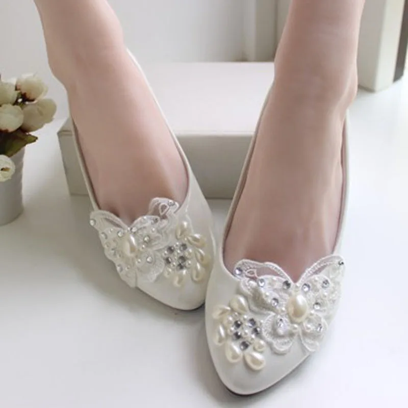 Low heel white lace wedding shoes bridal handmade butterfly footwear women flats ballerina ballet | Обувь