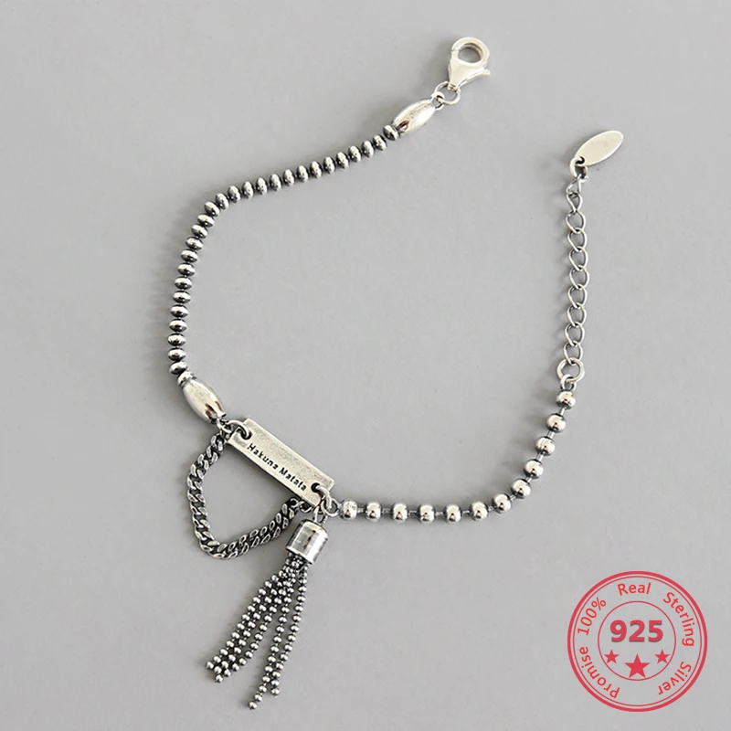 

Vintage Old Beads Chain Tassel Charm Bracelets For Women Retro 100% 925 Sterling Silver INS Style Jewelry