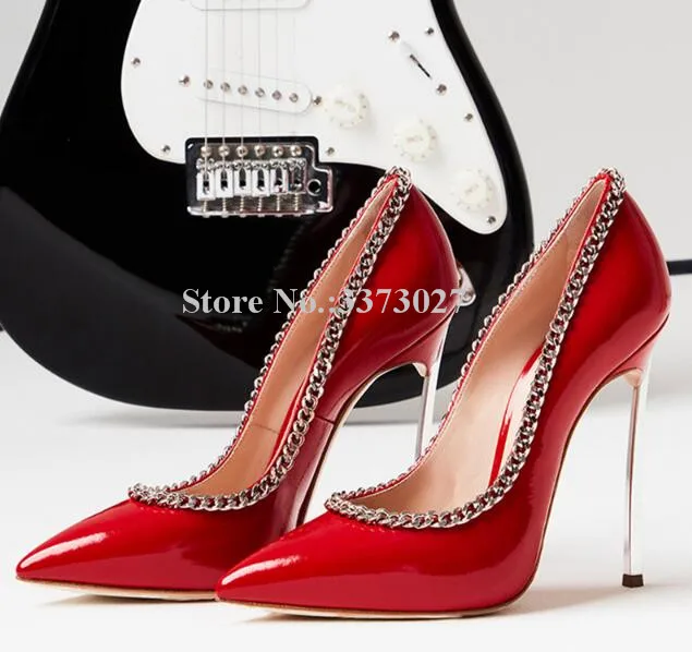 

Designer Patent Leather Chains High Heels Pumps Woman Metal Thin Heels Stiletto Shoes Sexy Pointed Toe Female Single Shoes