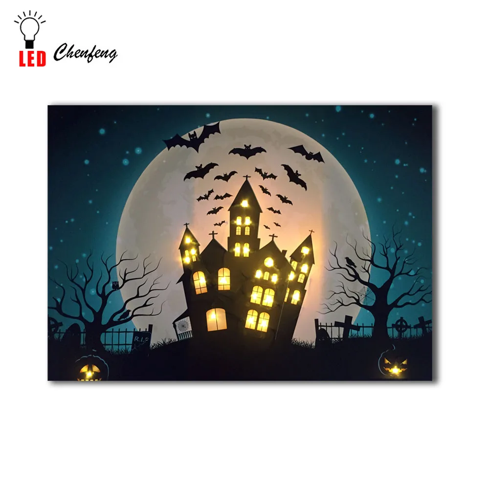Led холст печать Хэллоуин тыквы с совами и летучих мышей настенные картины свет