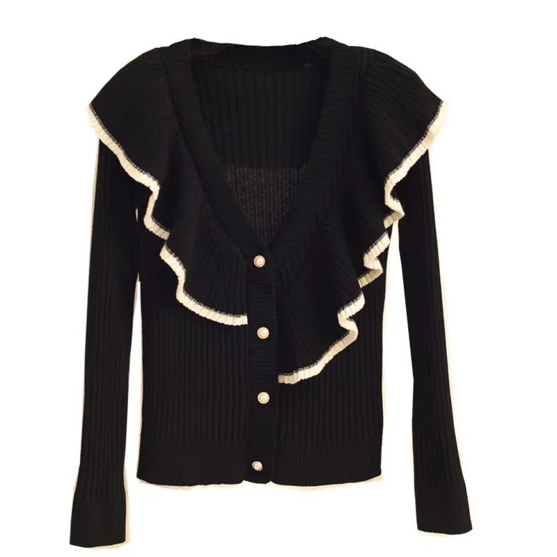 

Весенне-осенний Новый свитер с оборками и V-образным вырезом Женский Кардиган куртка с длинным рукавом короткий наряд облегающий свитер JQ752