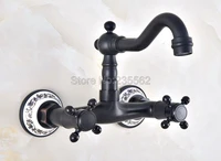 oil rubbed bronze double cross handle 2 hole wall mounted kitchen bathroom basin faucet sink mixer taps swivel spout 360%c2%b0 lnf817