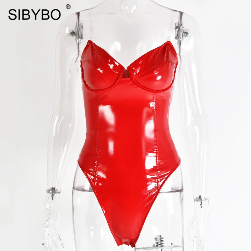 Красный Sibybo, Сексуальное Женское боди без бретелек из искусственной кожи, с открытыми плечами, обтягивающие летние женские комбинезоны, с открытой спиной, пляжный Повседневный женский комбинезон - Цвет: Красный