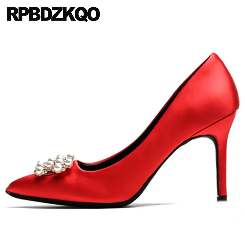 Красный Новые тонкие женские туфли лодочки Большие размеры 4 34 33 стразы свадебные