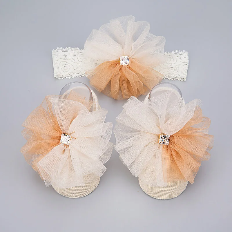 Orange white Хлопковые носки для малышей Комплект с повязкой на голову для девочек, малыш новорожденный младенец, Кружевная повязка на голову с цветами, украшения для душа, нескользящие носки-Тапочки - Цвет: Orange white
