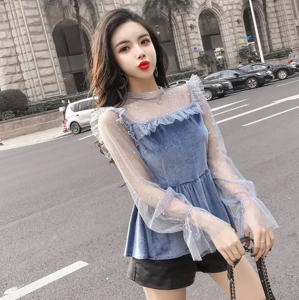 Небесно-голубой Милый японский стиль moda feminina blusas модный бренд осень женские блузки с оборками рубашки сетчатые и топы Pleuche vetement femme - Цвет: Небесно-голубой