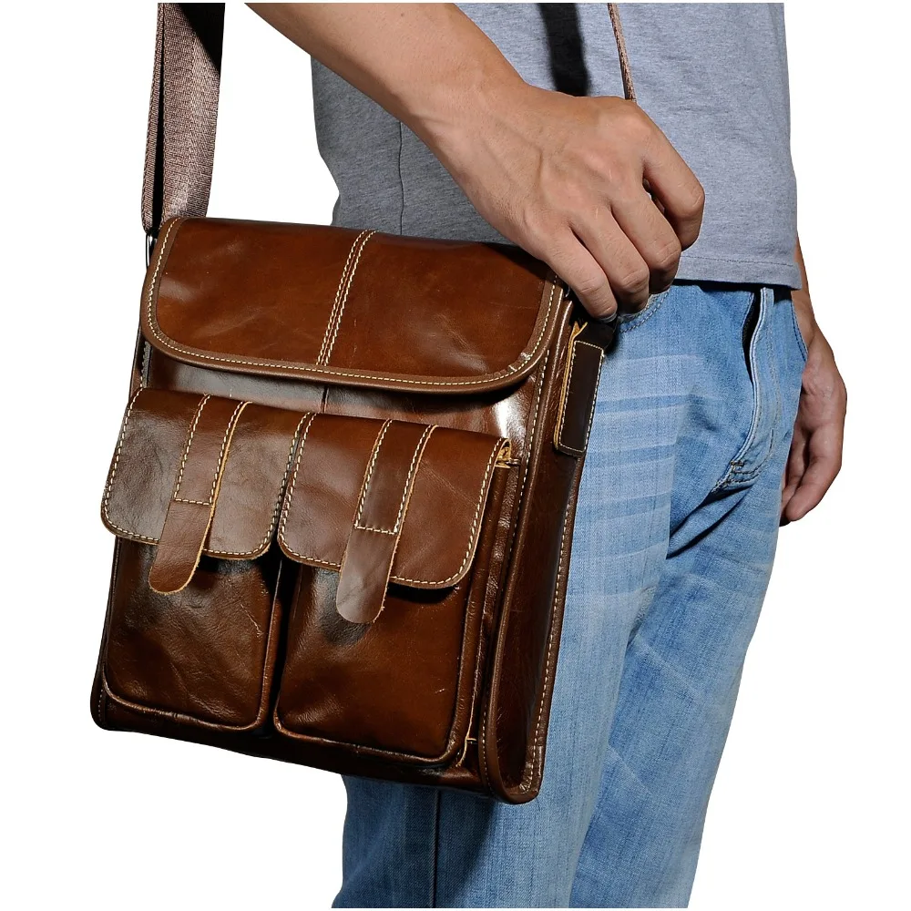 

Original Leather Male Casual Design Student Shoulder Messenger Crossbody bag Fashion College Satchel 9" Book bag For Men 009B