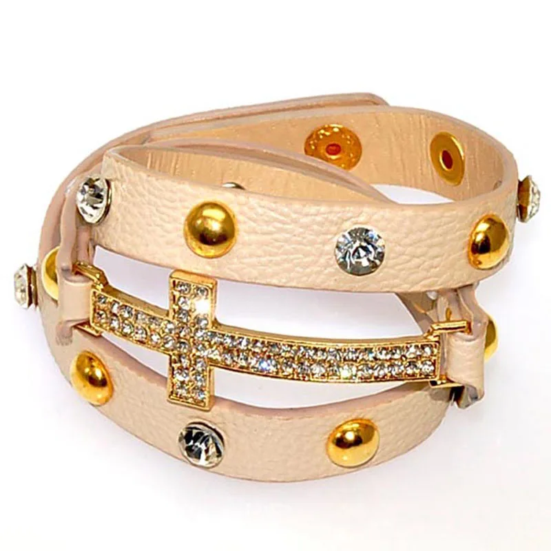 Женский кожаный браслет с двойной обмоткой фианитами|leather charm bracelet|charm braceletbracelet with