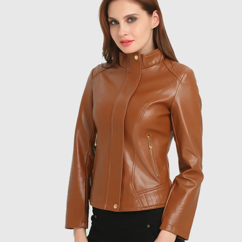 Chaquetas de Cuero Mujer Для женщин кожаная куртка новинка 2017 года Повседневное с круглым