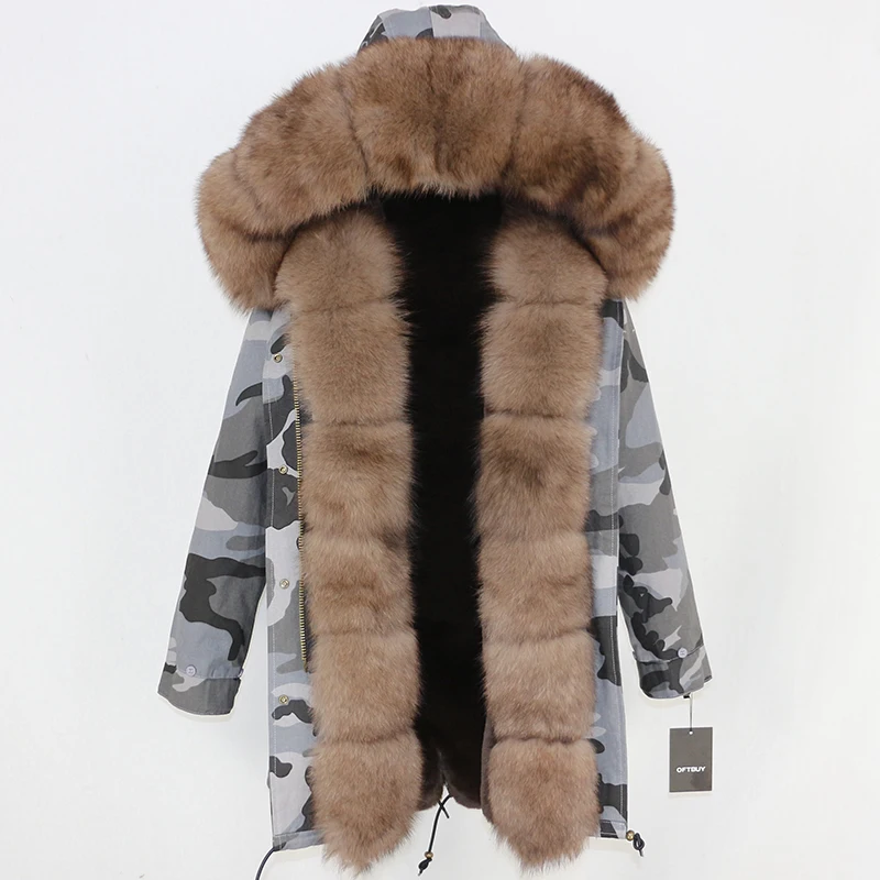 camo brown OFTBUY пальто с натуральным мехом зимняя куртка женская длинная парка воротник из натурального Лисьего меха Толстая теплая брендовая Роскошная Съемная уличная одежда - Цвет: camo brown