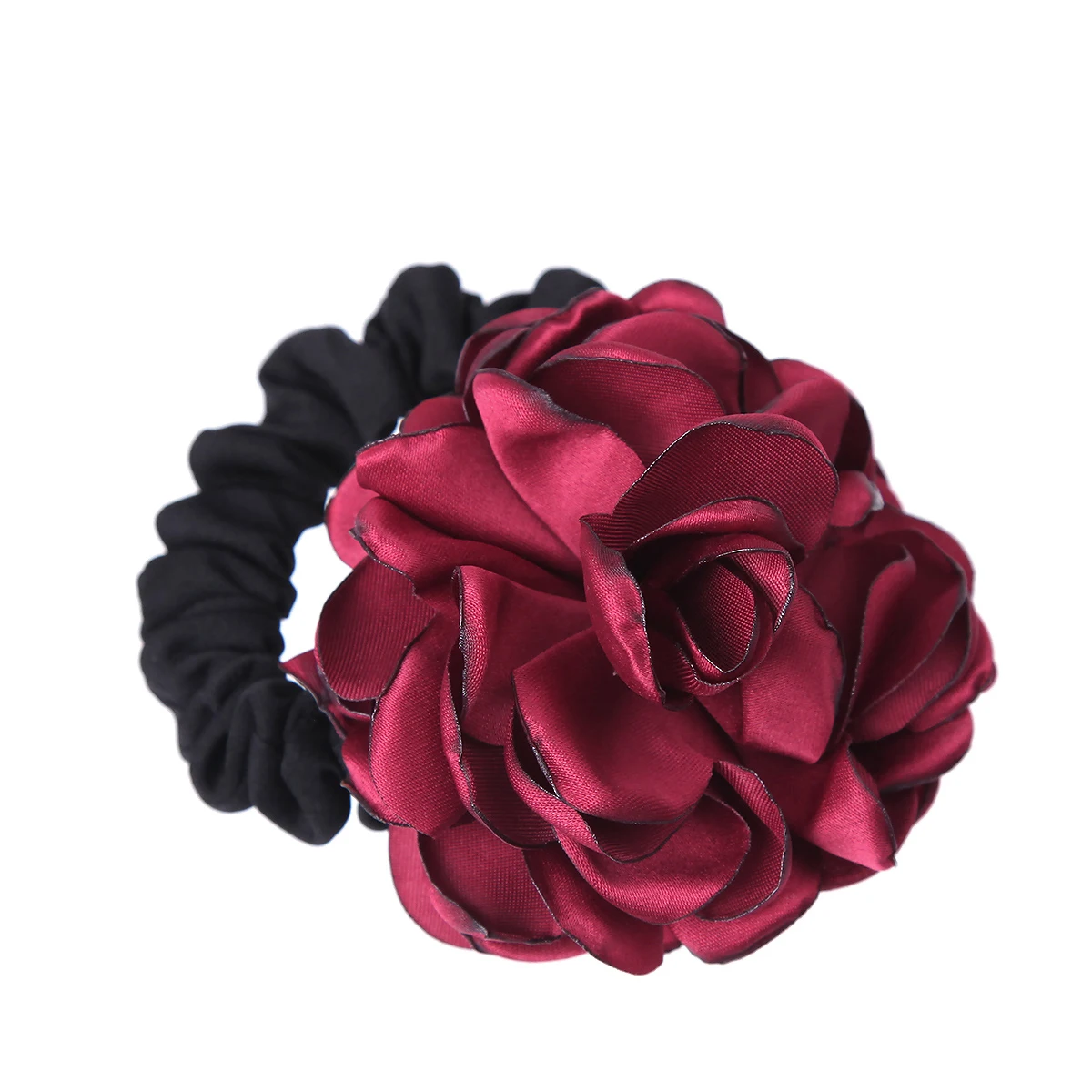 Big Flower Cloth Hair Bands for Women Girls Satin Rose Three Pearls Decor Elastic Hairbands Ponytail Headband |