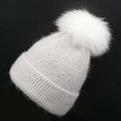 Light Grey - Fox Fur YWMQFUR зимние женские вязаные шапки с теплым натуральным мехом енота и белой лисы модные шапочки Женские плотные колпачки - Цвет: Light Grey - Fox Fur
