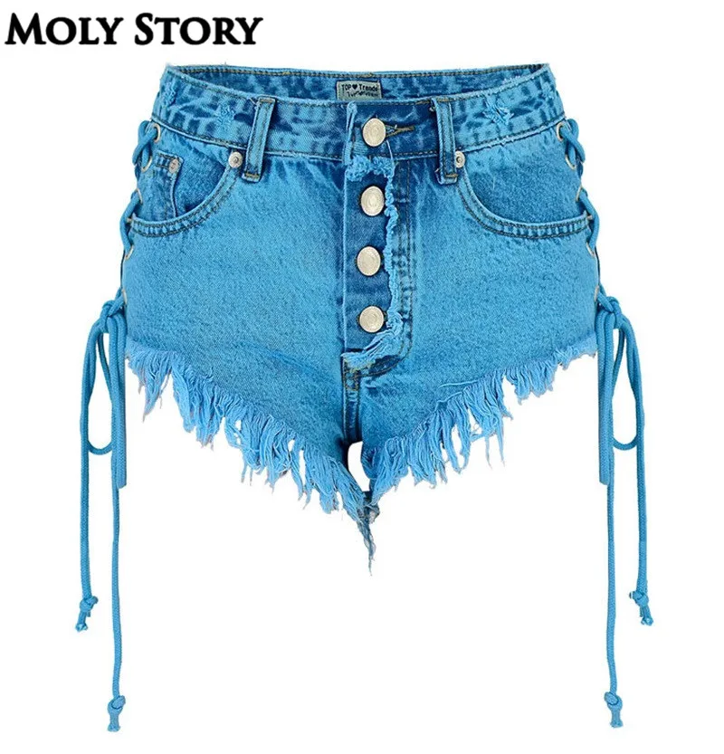 Новые летние джинсовые шорты на шнуровке с высокой талией для женщин сексуальные