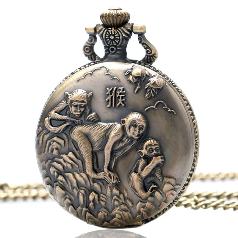 

Fashion Bronze Vintage Pocket Watch Necklace Chain Pendent Monkey Antique Quartz FOB Watches Mens relogio de bolso Drop Shipping