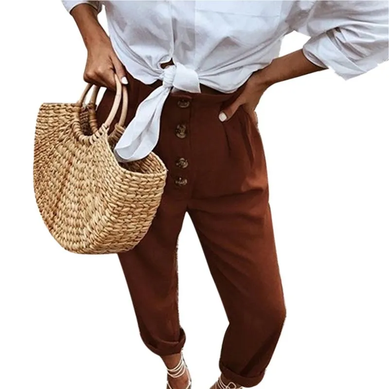 Женские шаровары из хлопка и льна повседневные с высокой талией пуговицами